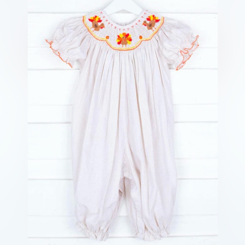 Smocked Turkey Khaki Gingham Long Bubble- 24m